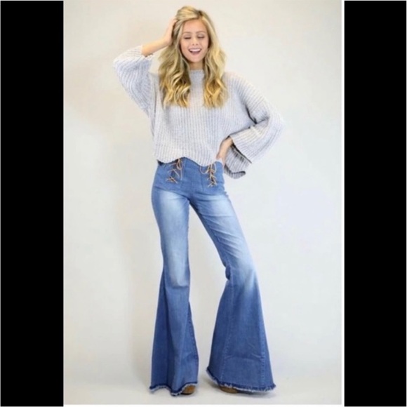 Judith March Denim Jeans S Flare Bell Bottom Leather Lace Up High Rise Boho 70’s - Picture 3 of 13